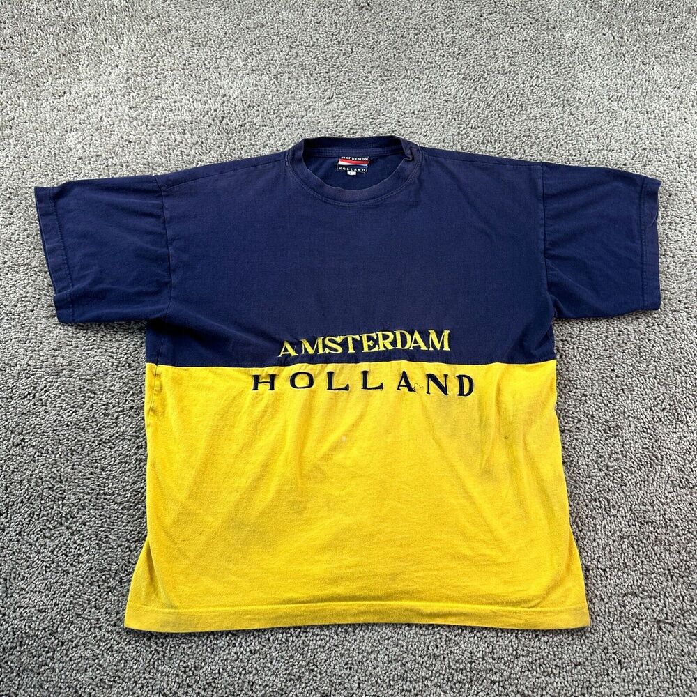 VINTAGE Kist Design Holland Shirt Mens L Blue Yellow Amtserdam Colorblock FLAW